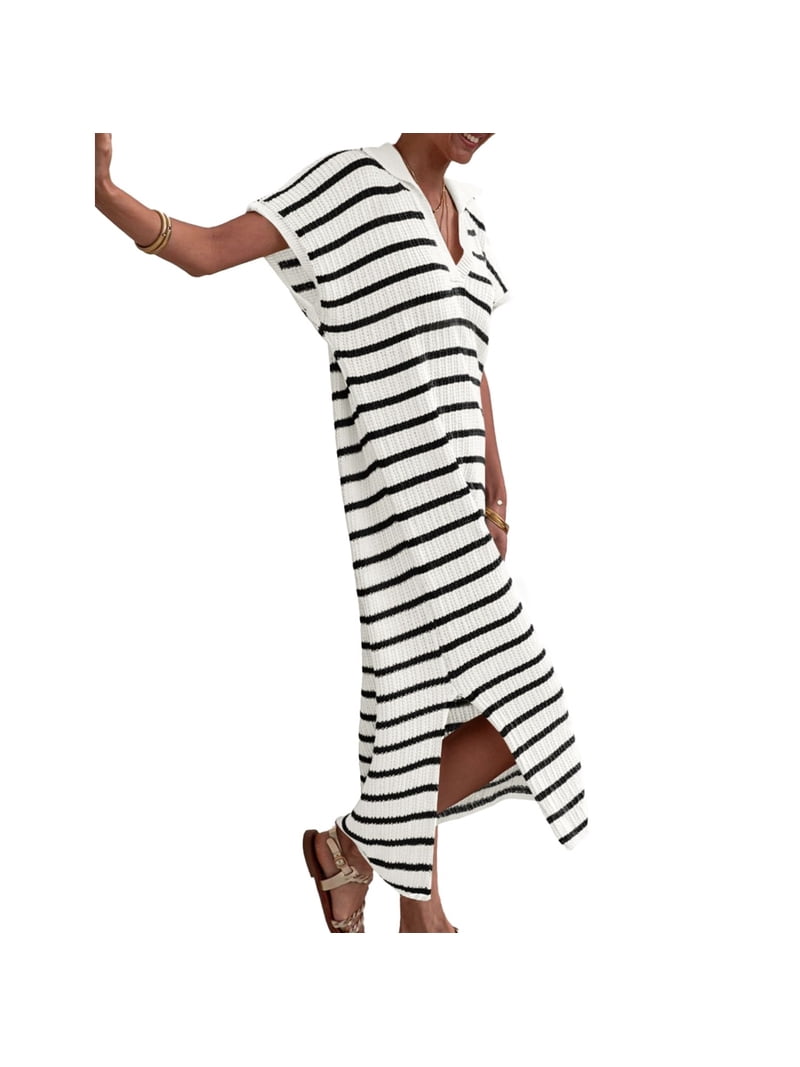 Short Sleeved Women V-neck Casual Loose Knit Dress Lapel Striped Print Straight Knee Sweater Dress