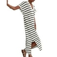 thumbnail image 3 of Short Sleeved Women V-neck Casual Loose Knit Dress Lapel Striped Print Straight Knee Sweater Dress, 3 of 5