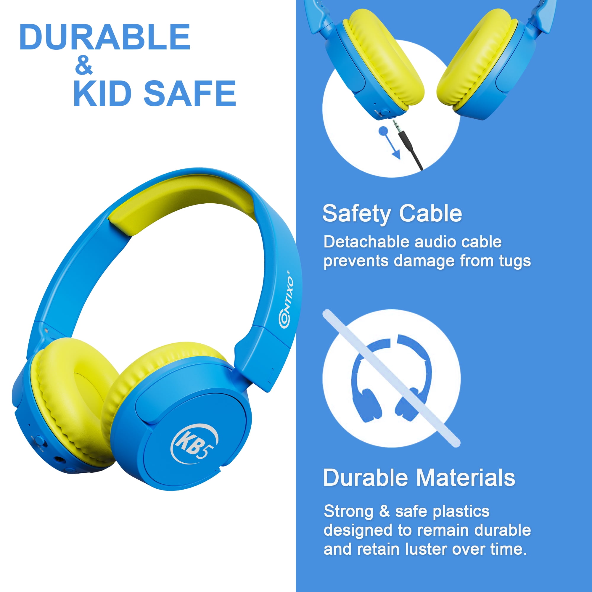 Contixo KB-5 Wireless Kids Headphones, Over-Ear Foldable Bluetooth Headset with 85dB Volume Limit, Blue/Yellow