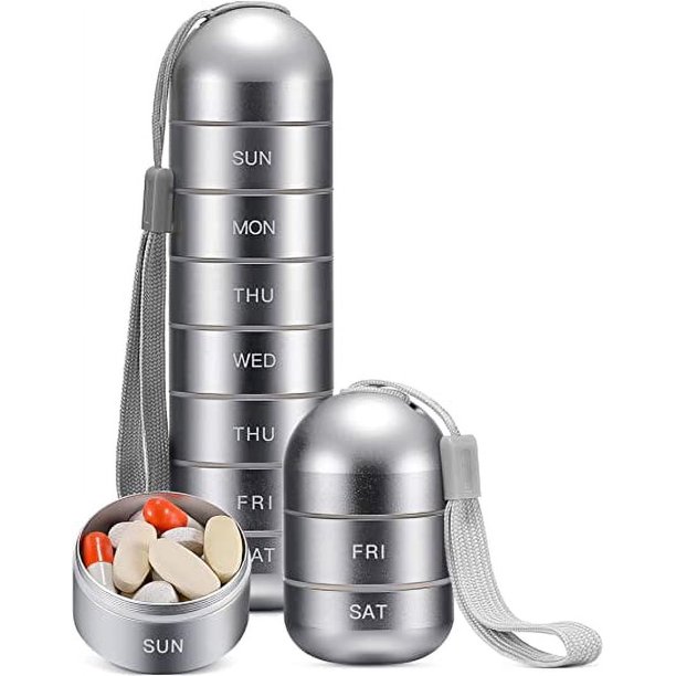 (Plata) Organizador semanal de pastillas de metal a prueba de humedad, aleación de aluminio apilable, sin BPA, viajes, senderismo, organizador de pastillas de 7 días, impermeable y compartimento grand
