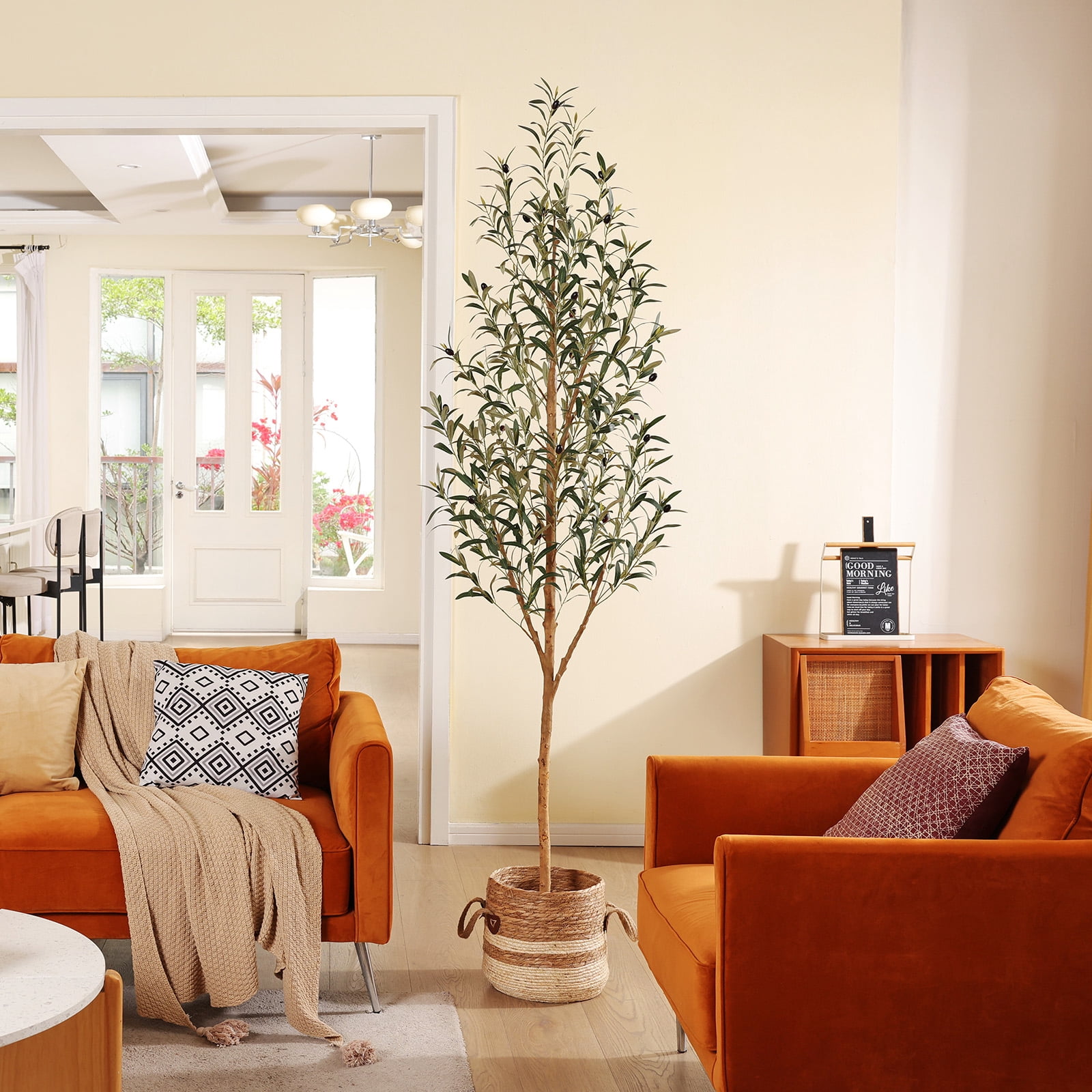 DR.Planzen 7' Artificial Olive Tree Indoor, Tall Faux Olive Tree, Artificial Plants with Natural Wood Trunk and Lifelike Fruits for Home Office Decor
