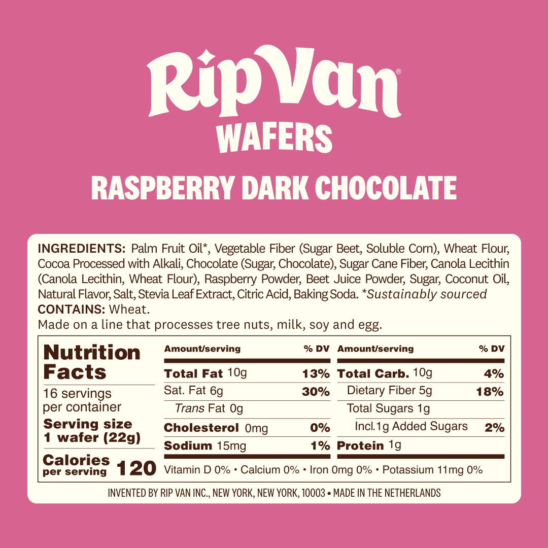 Rip Van Raspberry & Dark Chocolate Wafer Cookies, Keto, Vegan, Low Sugar Snacks, 16 Count
