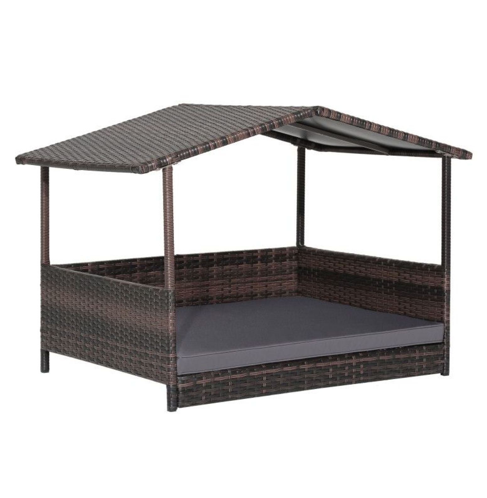 Wicker Dog House Outdoor Indoor, Weatherproof Rattan Dog Bed with Cushion - Large Dog House for Yard, Porch, Living Room, 38.5x27x28.5 Inch