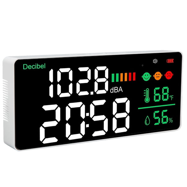 Medidor de decibelios de 30 a 130 db, lector de nivel de sonido para montaje en pared, 11 pulgadas, medidor de ruido, temperatura y humedad con LED