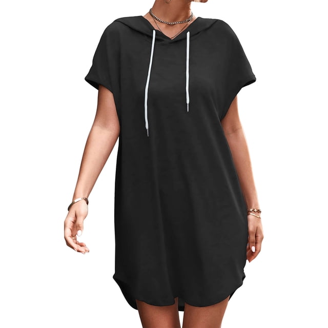 Vestido de manga corta con capucha y cordón Vestido de mujer transpirable informal de color puro para uso diario Negro M