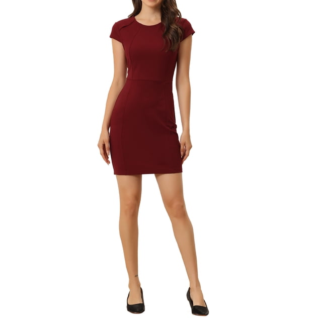 INSPIRE CHIC Women's Solid Cap Sleeve Work Bodycon Dresses Wine Red S