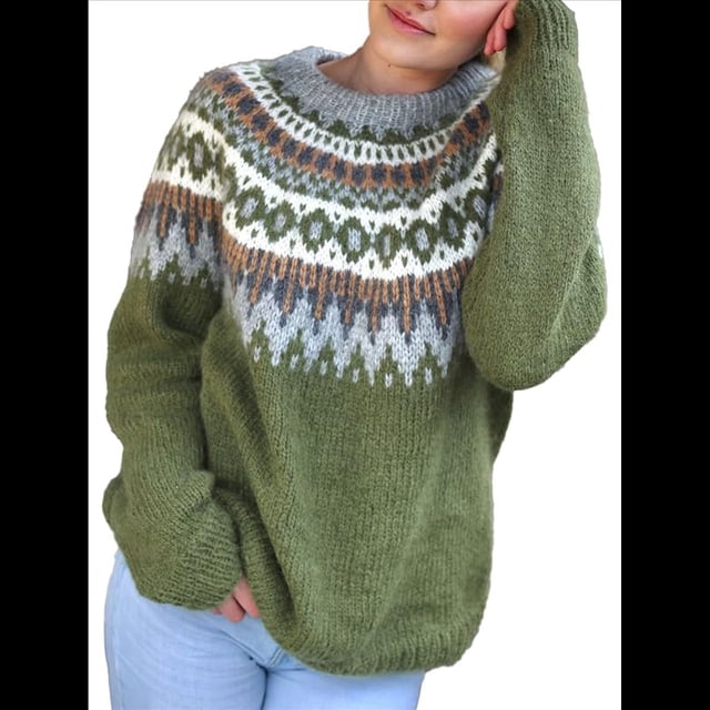 Suéter de Larga con Cuello Redondo para Mujer, Suéter Informal Estampado, Camisetas de Otoño 2025. Verde S