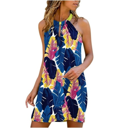 

Pink Dress Summer Dress Summer Dress for Women Sexy Metal Hanging Neck Hollow Sleeveless Mini Dress Baggy Colorful Print Beach Sundress Sundresses for Women Corset Dress Summer Savings Blue L