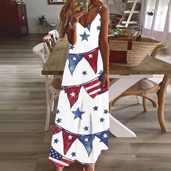 Vetsdori Women's Red White and Blue Maxi Dress Fourth of July American Flag Slip Dress Summer Backless Ankle Length,Patriotic V-Neck Dress for Women Tank