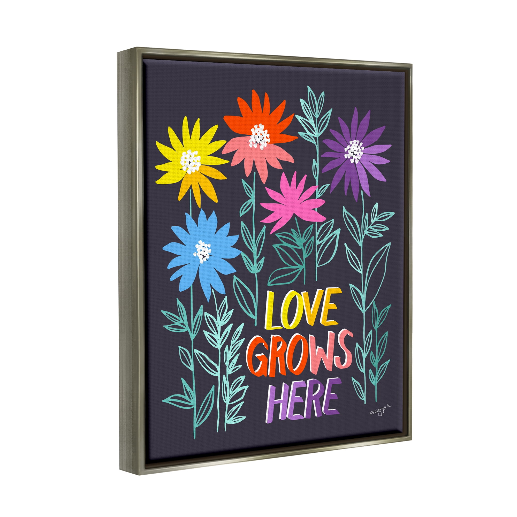 Stupell Industries Love Grows Here Phrase Botanical & Floral Painting Gray Floater Framed Canvas Art Print Wall Art, 17 x 21
