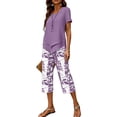 thumbnail image 5 of Krdevn Womens Casual 2 Piece Outfits Short Sleeve Irregular Top Leaf Print Capri Pants Summer Daily Wear Set,S, 5 of 7