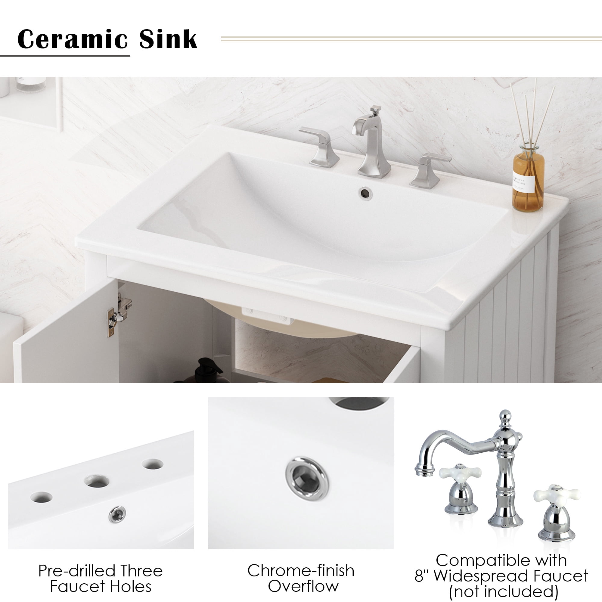 Euroco 24" White Modern Sleek Bathroom Vanity Elegant Ceramic Sink with Solid Wood Frame Open Style Shelf