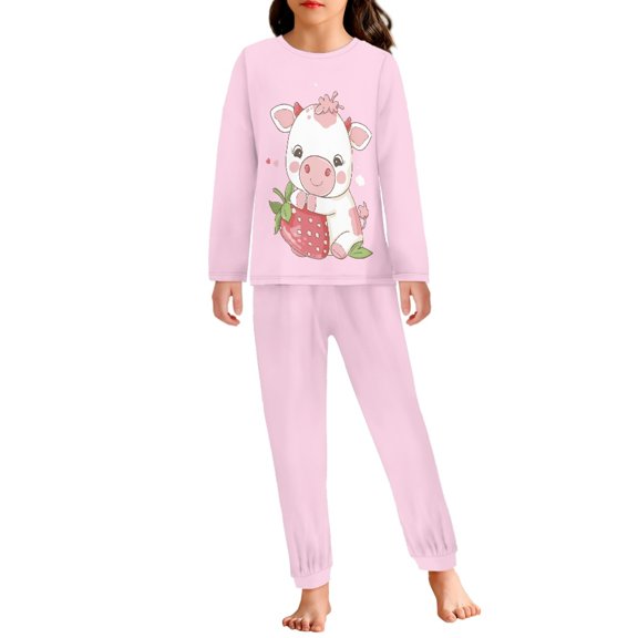 DISNIMO Pink Cow Pajamas Kids Girls Pajama Set Kids 2 Piece Pajama Set Girls Pjs Size 4 Boys Pj Sets for Kids Long Sleeve Pajamas Girls Crew Neck Pajama Set Kids Loungewear Set Boys