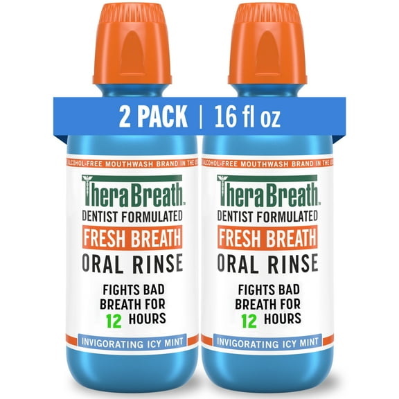 TheraBreath Fresh Breath Oral Rinse, Icy Mint Flavor, Alcohol Free & Non-Burning, 16 fl oz (2 Pack)