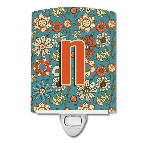 Letter N Flowers Retro Blue Ceramic Night Light