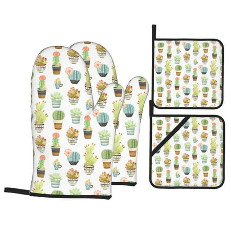 

Oven Mitts and Pot Holders Sets 4 pcs - Cactus Succulents potted plant Heat Resistant Silicone Oven Gloves with Non-Slip Silicone Surface and hot pads for kitchen Baking Cooking BBQ