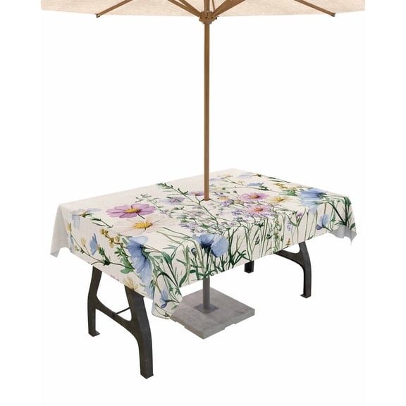 Fsddascl Spring Floral Outdoor Tablecloth - 52x70 Inch Rectangle Dining Table Cover, Watercolor Herbs Summer Botanical Rustic Waterproof Outdoor Table Cloth with Umbrella Hole & Zipper for Patio