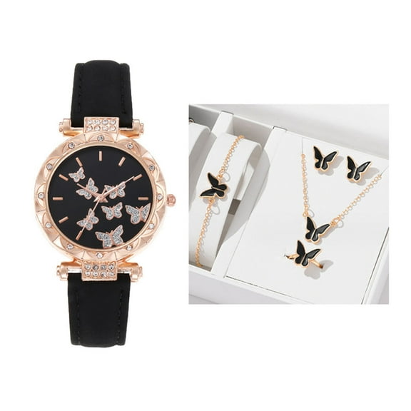 HUANLEDASH 1 Set Women Watch Necklace Bracelet Ring Ear Studs Rhinestone Butterflies Round Faux Leather Strap Ladies Dress Wrist Watch Fashion Jewelry Birthday Gift
