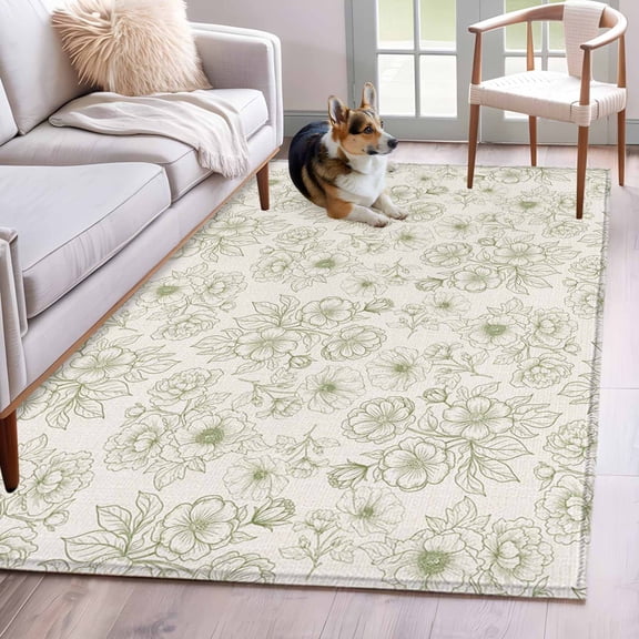 Farmhouse Flowers Area Rugs 4'x6', Washable Small Throw Rugs for Office Bathroom, Green Botanical Floral Patterned Indoor Outdoor Rug Non-Slip Low Pile Carpet Runner Reversible Floor Mats