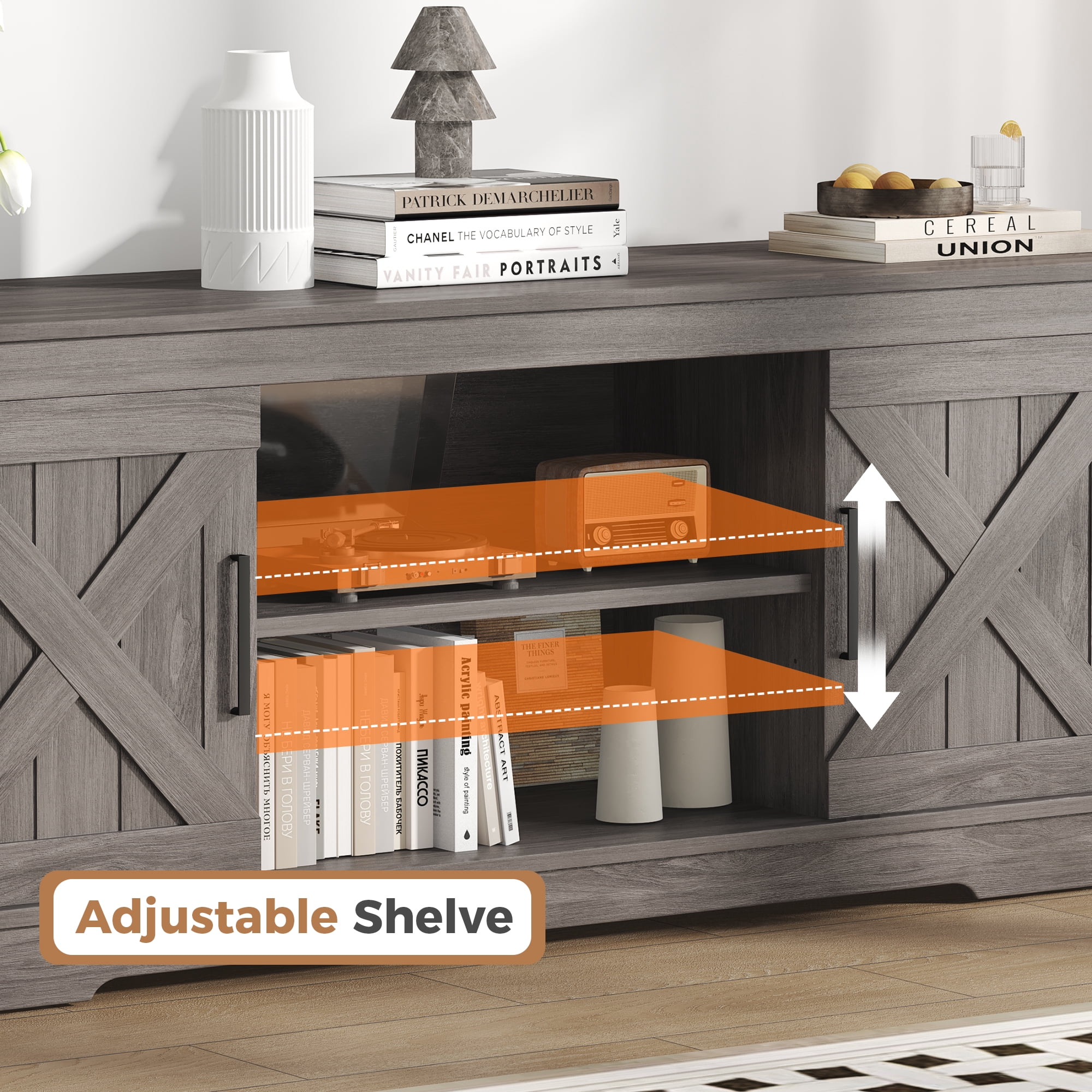 IULULU 58" Modern Farmhouse TV Stand for TVs up to 65", Natural Grey