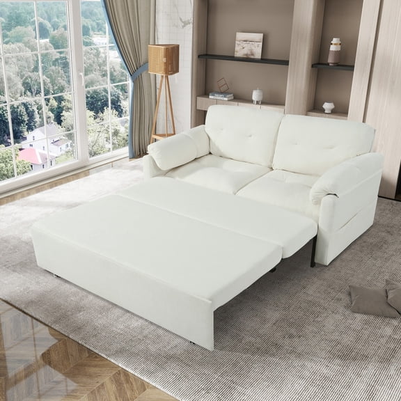 Convertible Pull Out Sofa Bed Queen Size,3-In1 Convertible Sleeper Couch with Thicked Cushions and Side Storage,Multi-Functional Chenille Loveseat Sofa for Living Room,Bedroom,Apartment,Office(Beige)