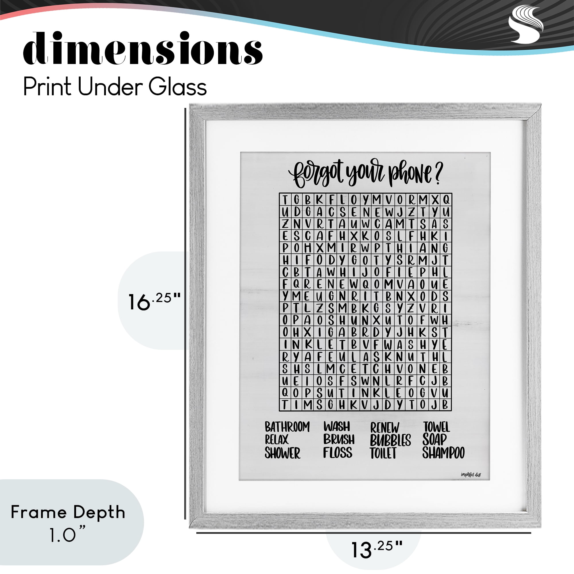 Stupell Industries Forgot Phone Bathroom Wordsearch Gray Framed Print Under Glass, design by Imperfect Dust