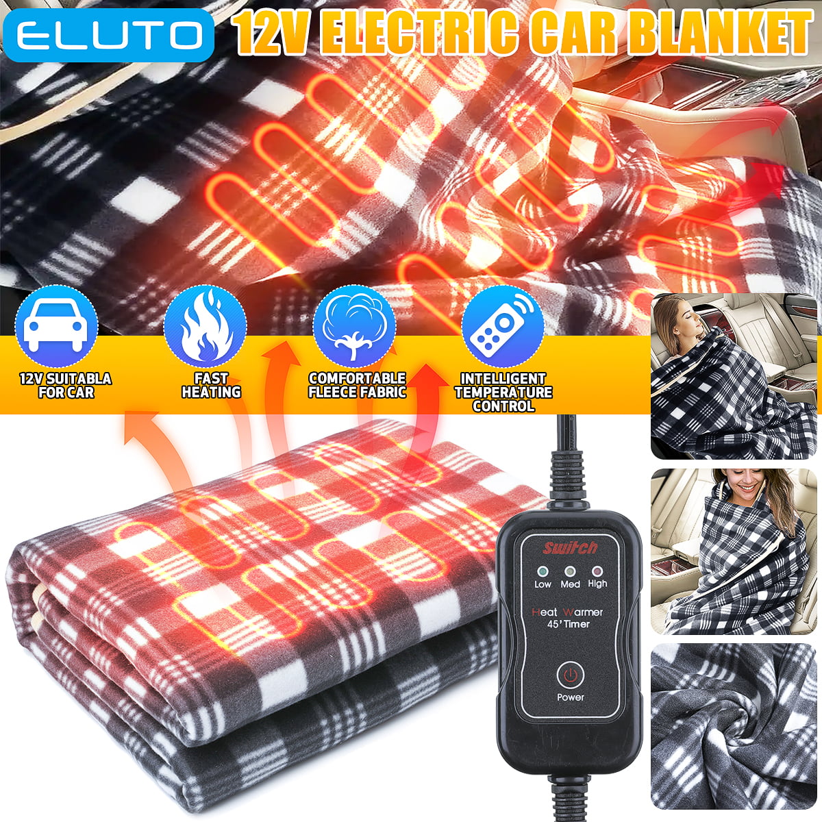 Smart Multifunctional Heated Blanket 4 Hours Auto-Off 12V Electric Heated Blanket For Car Truck Boats Travel 