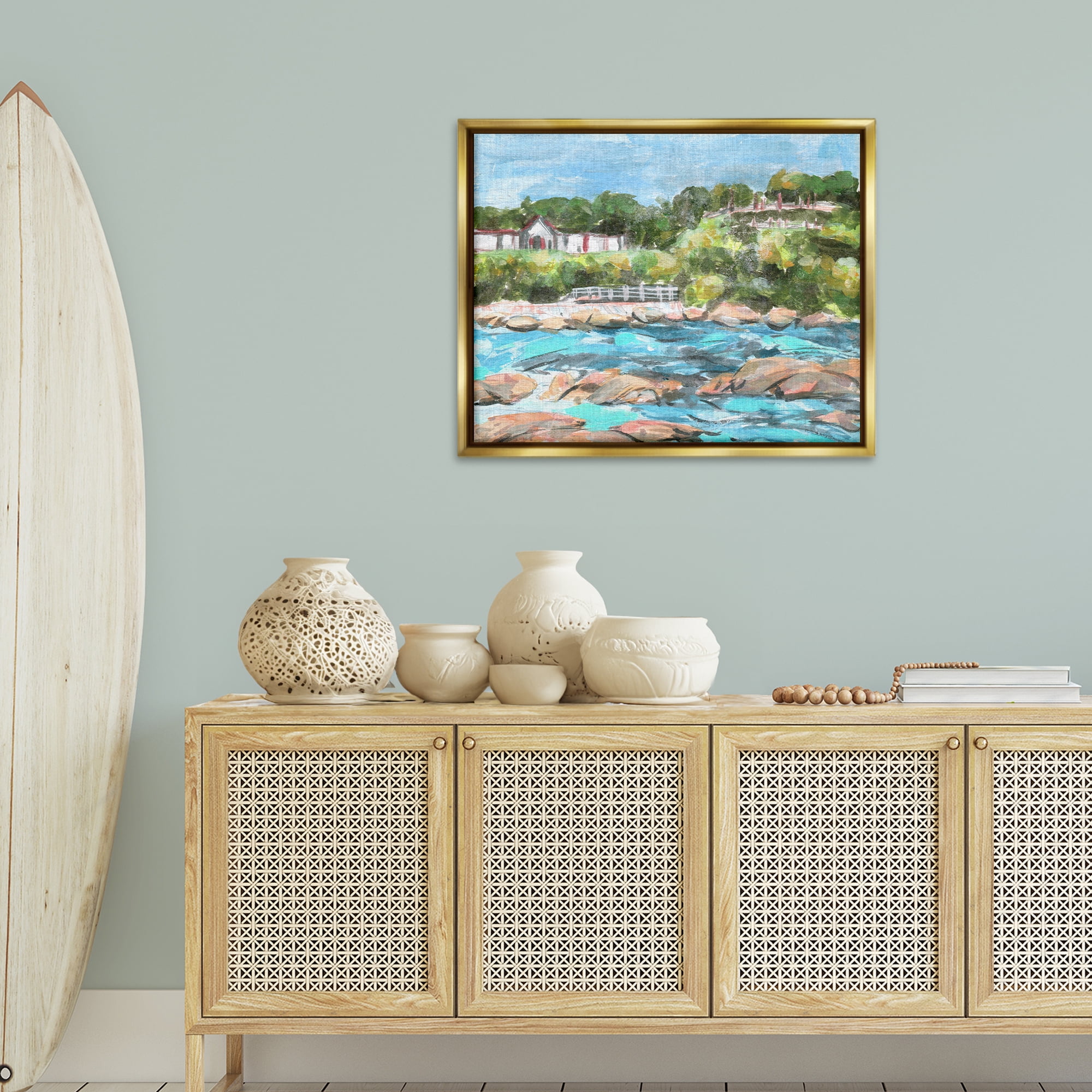 Stupell Industries Rocky Nautical Landscape Landscape Painting Gold Floater Framed Canvas Art Print Wall Art, 31 x 25