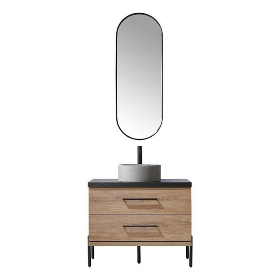 Trento 36" Single Concrete Sink Bath Vanity in North American Oak with Mirror