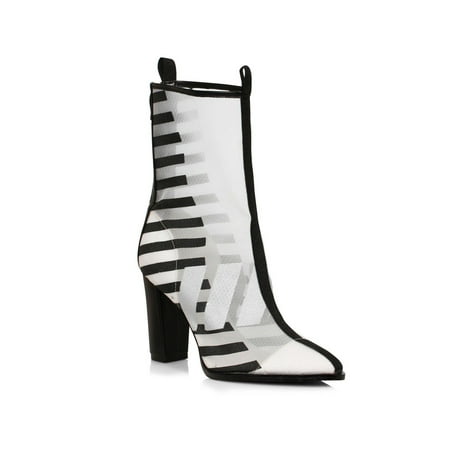 

Womens Black and White Mid Calf Heeled Booties