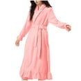 thumbnail image 3 of MGDXOX Plush Long Robes for Women Soft Fleece Bathrobe Ruffle Trim Bath Robe Sleepwear Winter Warm Housecoat with Belt Watermelon Red M, 3 of 7