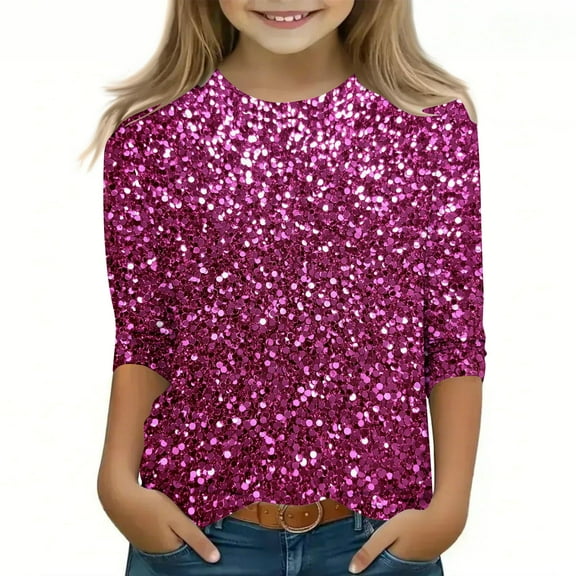 Efsteb Kids Girls 3/4 Sleeve T Shirts Round Neck Three-quarter Sleeve Tops Summer Comfy Cute Glitter Print Loose Casual Tee Shirt(Multicolor,4-5 Years )