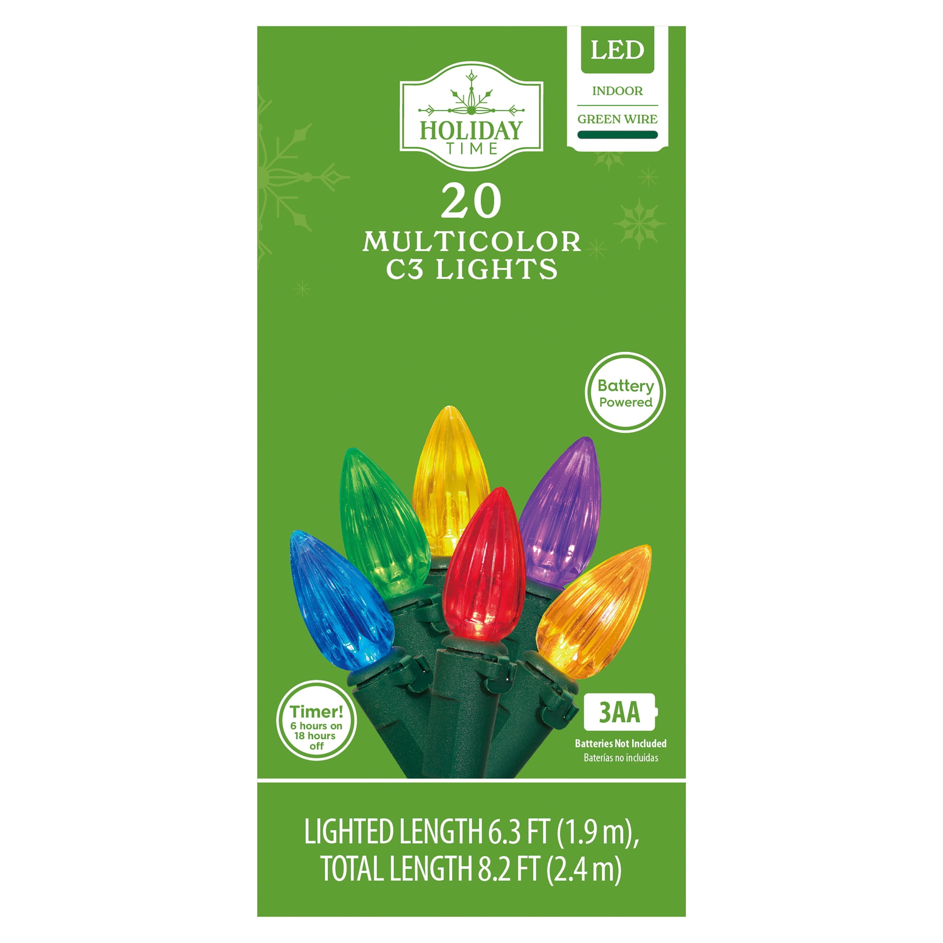 Indoor 20-Count Battery-Operated LED Vertical-Cut C3 Christmas String Lights, Multicolor, Green Wire, 6.33', by Holiday Time