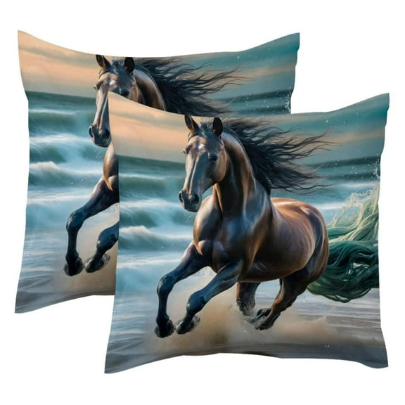 PhooArto Running Horse on Beach Set of 2 Throw Pillow Covers Cases - 16" x 16" Square Decorative Cushion Covers for Sofa Couch Bed Home Decoration