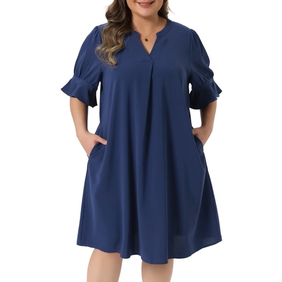 Agnes Orinda Women's Plus Size Chiffon Dresses Notch V Neck Bell Short Sleeve Pleated Summer Casual Midi Dresses with Pockets 2X Dark Blue