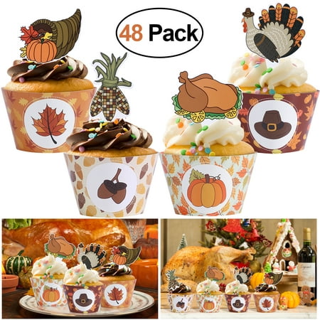 Pixnor Tinksky 48pcs Thanksgiving Cupcake Toppers And Wrappers Cupcake Cake Decorating Picks Other