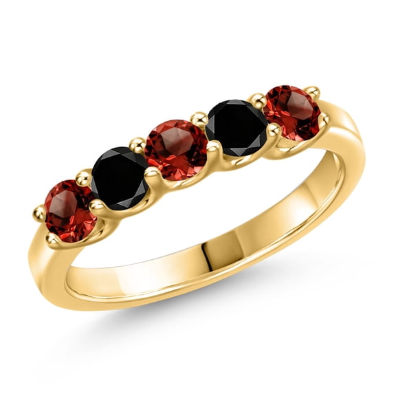 Gem Stone King 18K Yellow Gold Plated Silver Red Garnet and Black Diamond Wedding-Bands Ring for Women | 0.94 Cttw | Round 3.5MM | Gemstone January Birthstone | Size 9