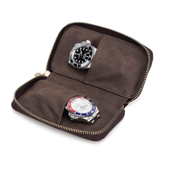 Hiram Leather Dual Watch Case,Watch Bag for Couple Watches,Watch Bracelet Storage Case,2 Pieces Portable Travel Watch Genuine Leather Pouch (Coffee)
