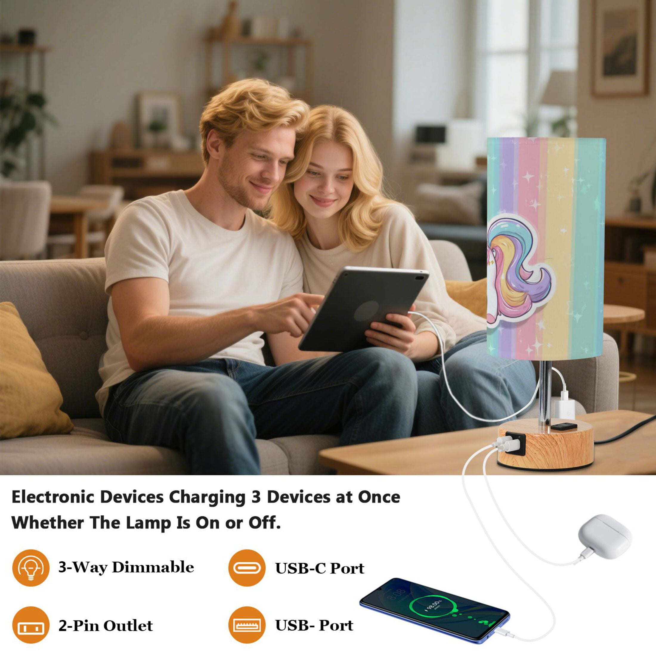 Touch-Control 3-Color Desk Lamp with Plug – Energy-Saving LED + 3 Simultaneous Charging Ports Cute Cartoon Unicorn