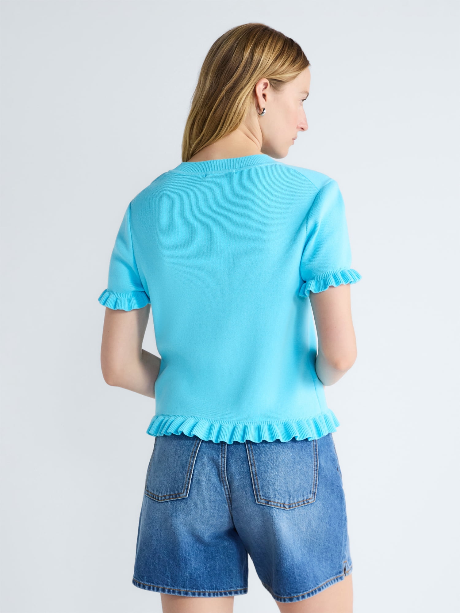 Free Assembly Women’s Ruffle Trim Sweater with Short Sleeves, Lightweight, Sizes XS-XXL
