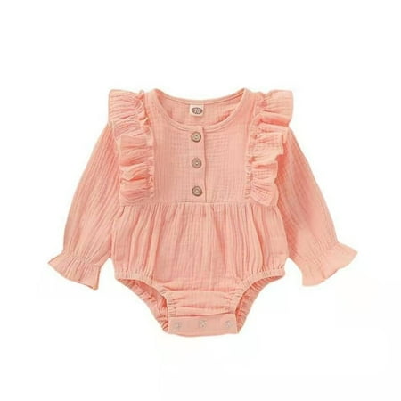

URMAGIC 0-24 Months Newborn Infant Baby Girl Outfit Clothes Fall Cotton Linen Rompers Solid Ruffle Jumpsuits For Toddler
