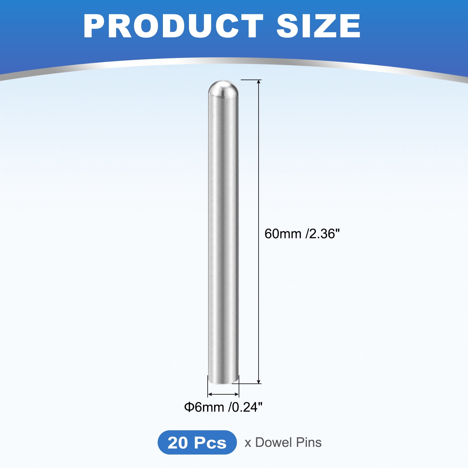 20Pack 6mm x 60mm Dowel Pins, 304 Stainless Steel Round Head Pin, Silver
