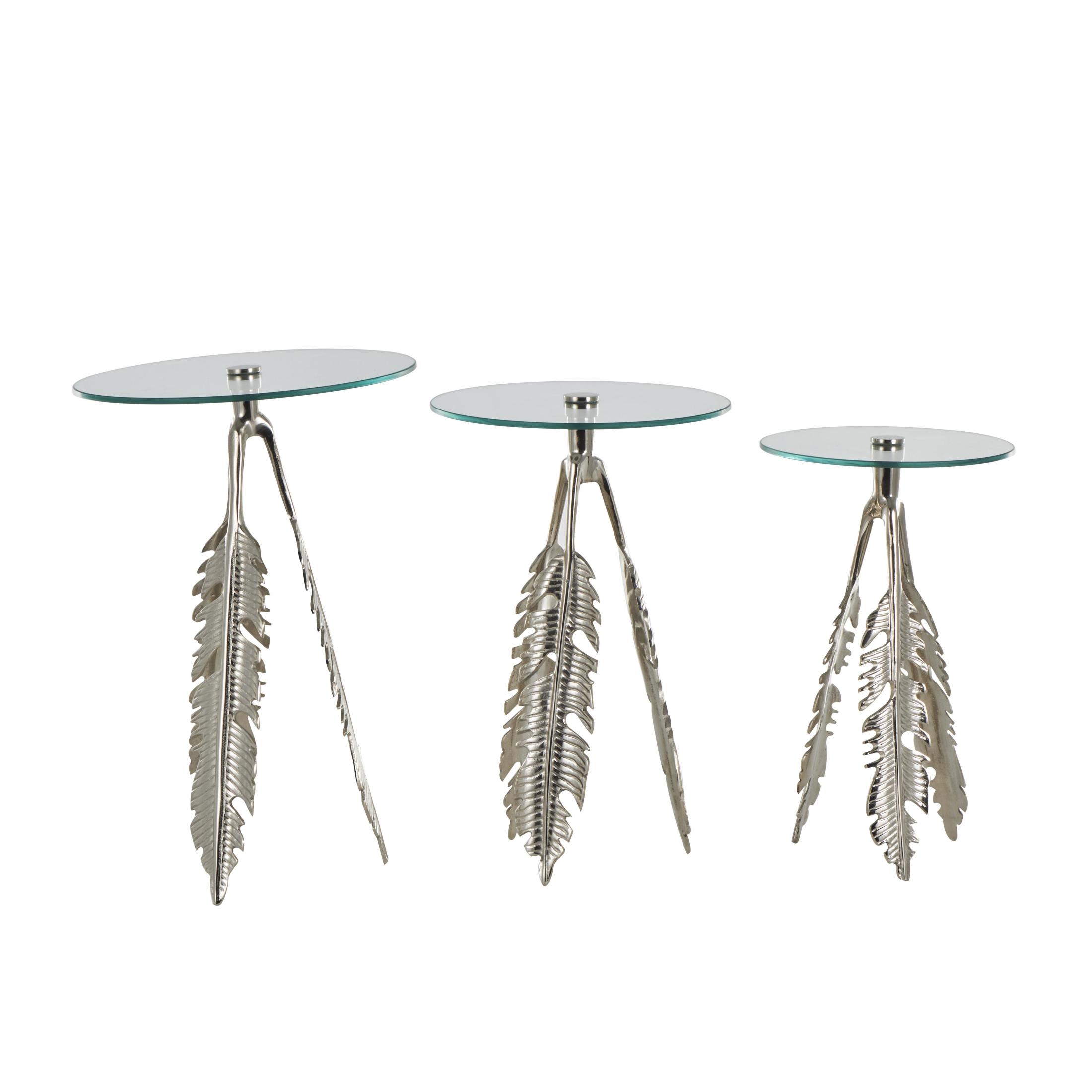 DecMode 16" x 24" Silver Aluminum Metal Leaf Accent Table with Tripod Legs and Tempered Glass Top, 3-Pieces