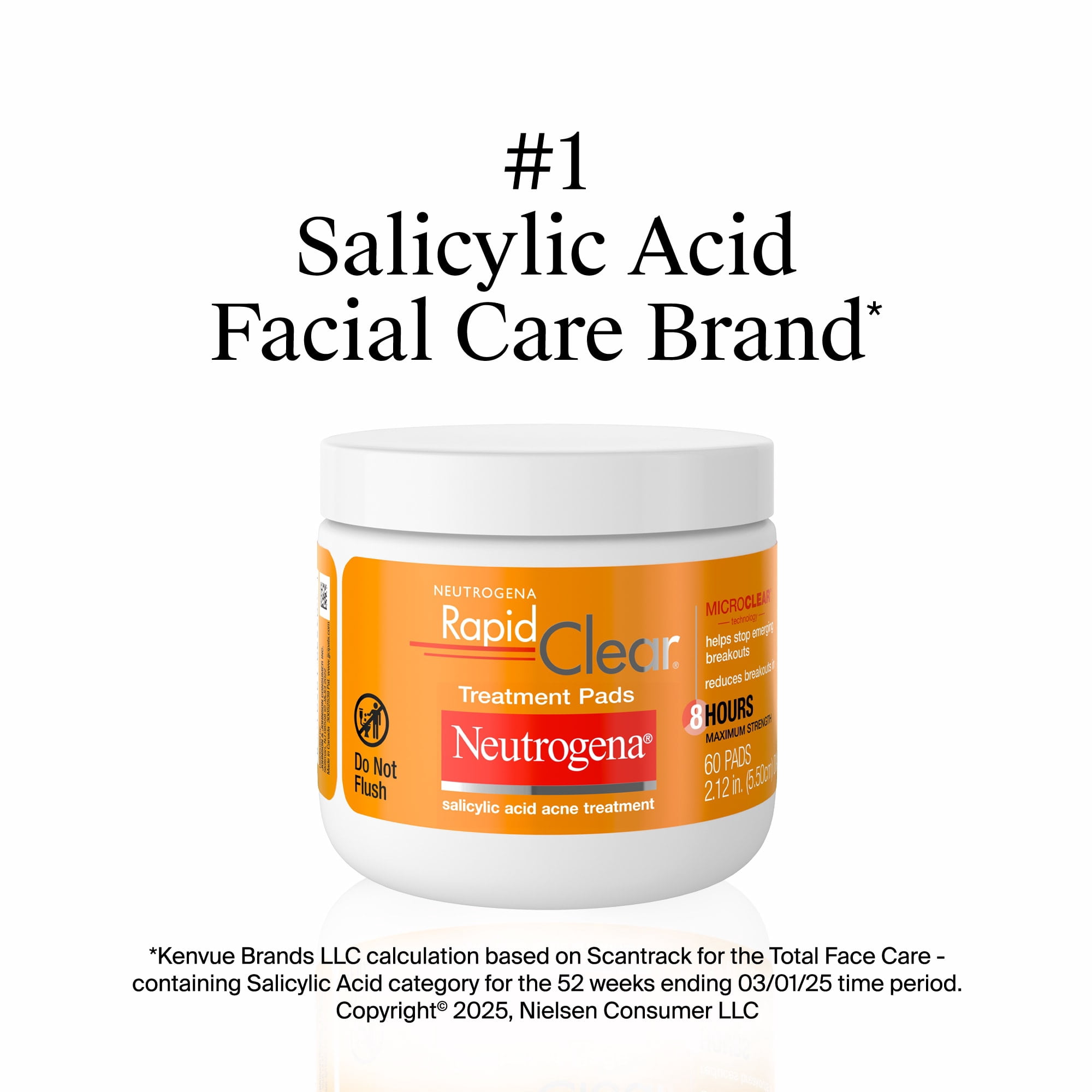 Neutrogena Rapid Clear Acne Treatment Pads, Salicylic Acid Face Cleansing Acne Wipes, 60 Count