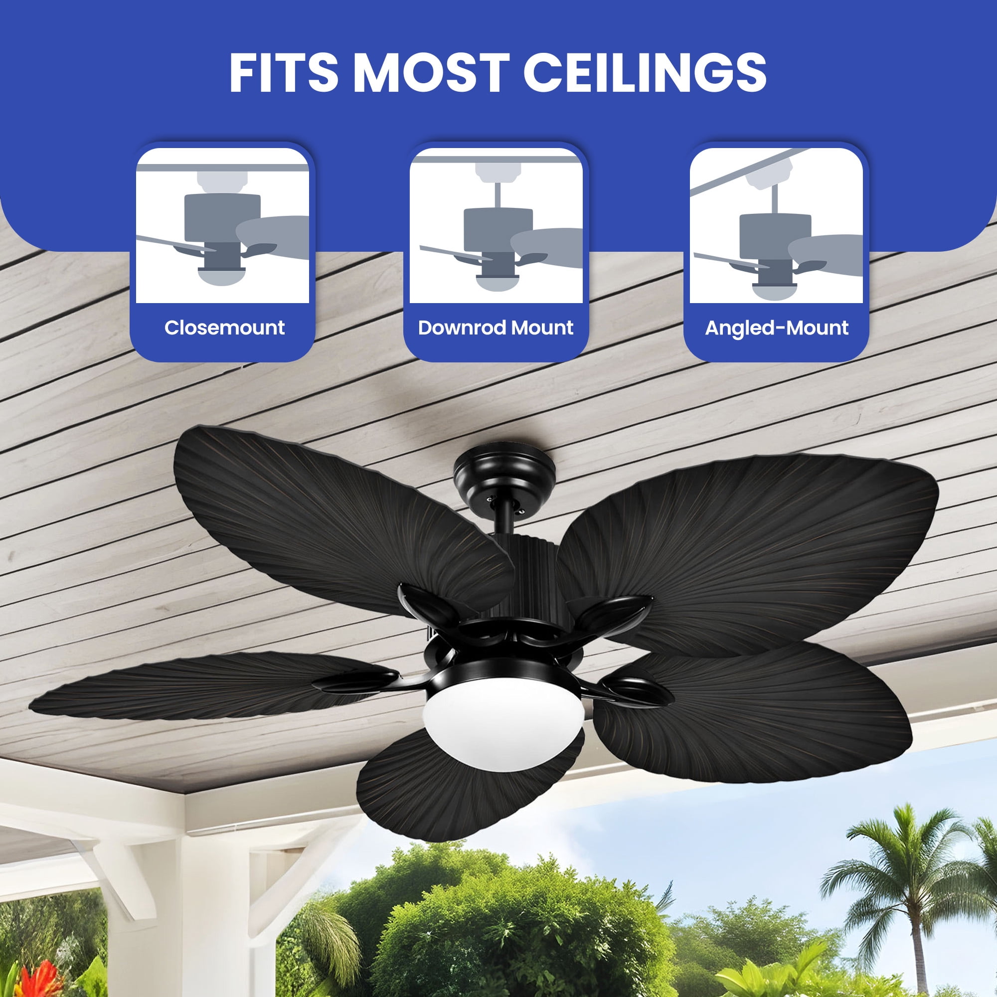 ModFusion 52in Gothic Troplical Ceiling Fan Light, 6-Speed Remote, 5 Palm Leaf Blades, Black