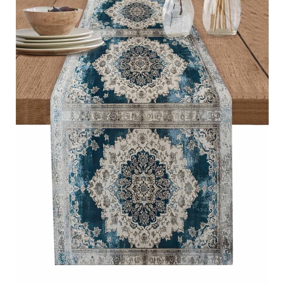 Boho Flower Blue Grey Table Runner 72 Inches, Vintage National Floral Textured Bed Runner Dresser Scarves Tabletop for Indoor Outdoor Parties/Ceremony/Banquet, 18" x 72"