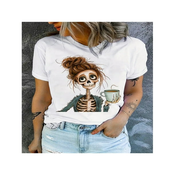 Women'S Casual Round Neck T-Shirt with Anime Print And Applique Details for Summer
