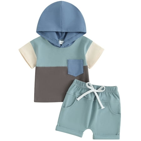 

Fullvigor Toddler Boys Summer Outfits Contrast Color Hooded T-Shirt Tops Elastic Shorts Blue 12-18 Months