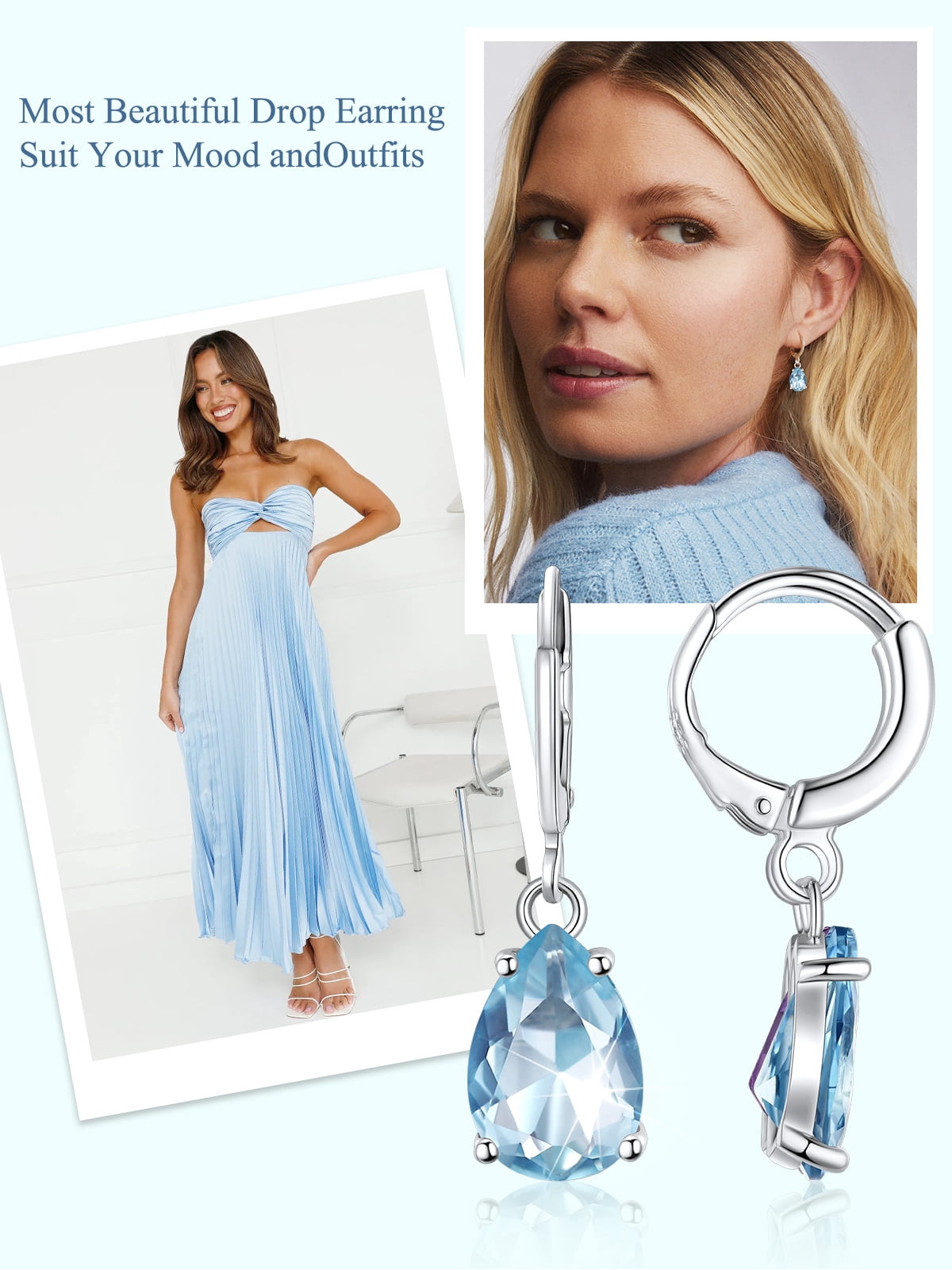 FOCALOOK Birthstone Dangle Hoop Earrings for Women Sterling Silver Teardrop Cubic Zirconia March Blue Aquamarine Leverback Huggie Drop Earrings Birthday Valentines Day Jewelry Gift