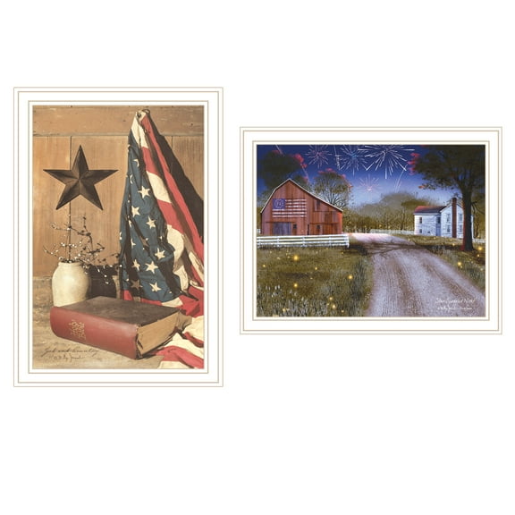 Trendy Decor 4U 2- Piece Vignette Star Spangled Night, God & Country White Framed Wall Art for Living Room, Bedroom Wall Art Print for Home Decor by Billy Jacobs